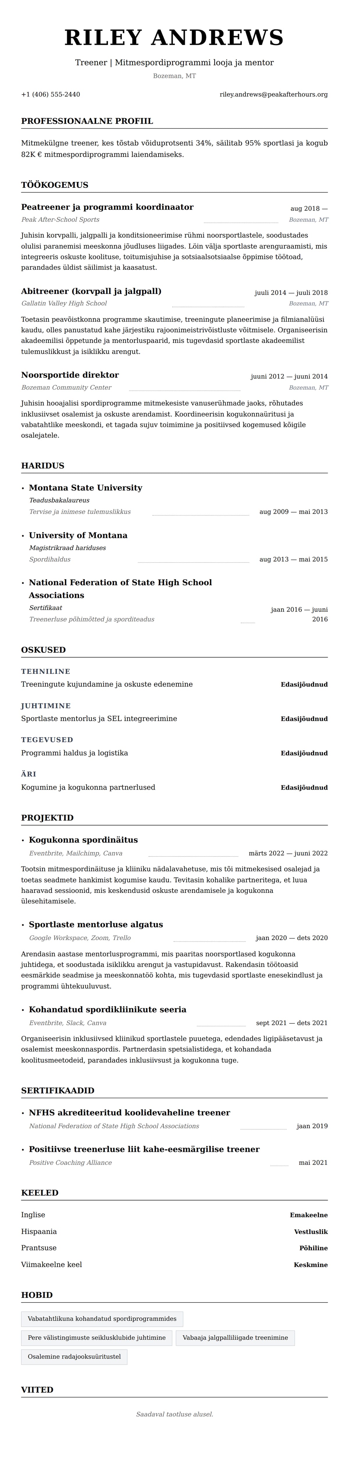 CV eelvaade Treeneri CV näide jaoks
