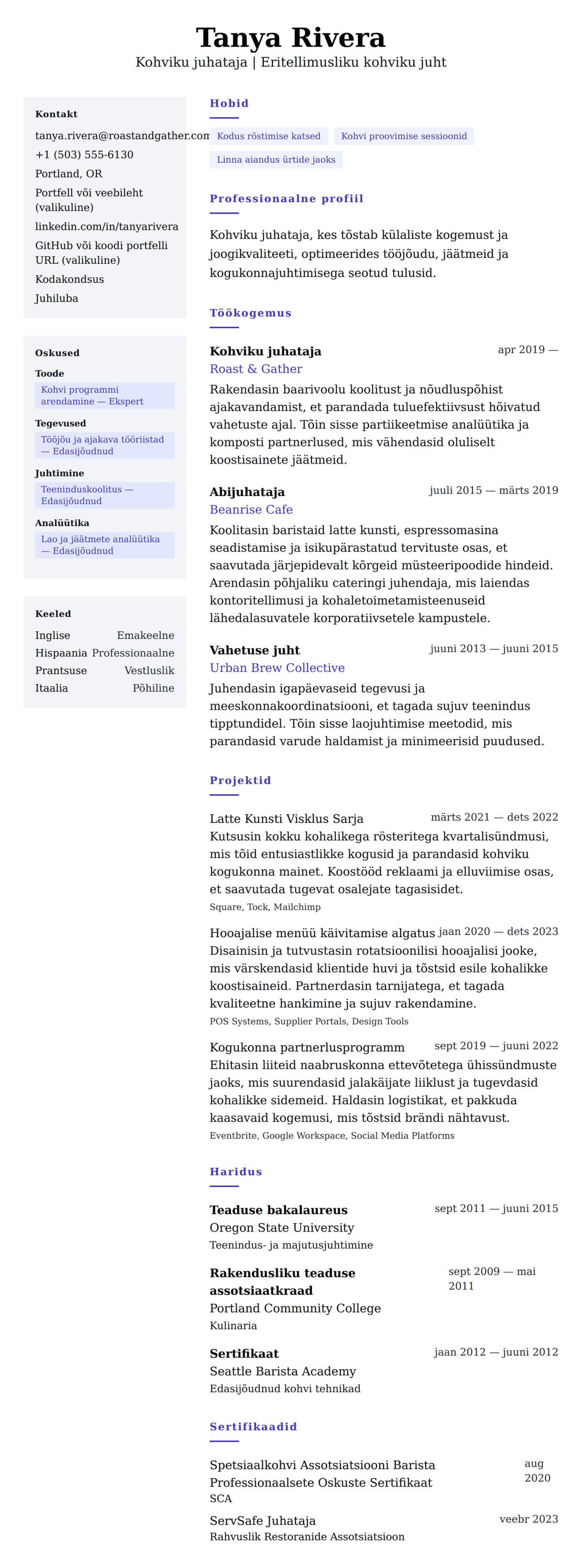 CV eelvaade Kohviku juhataja CV näidis jaoks
