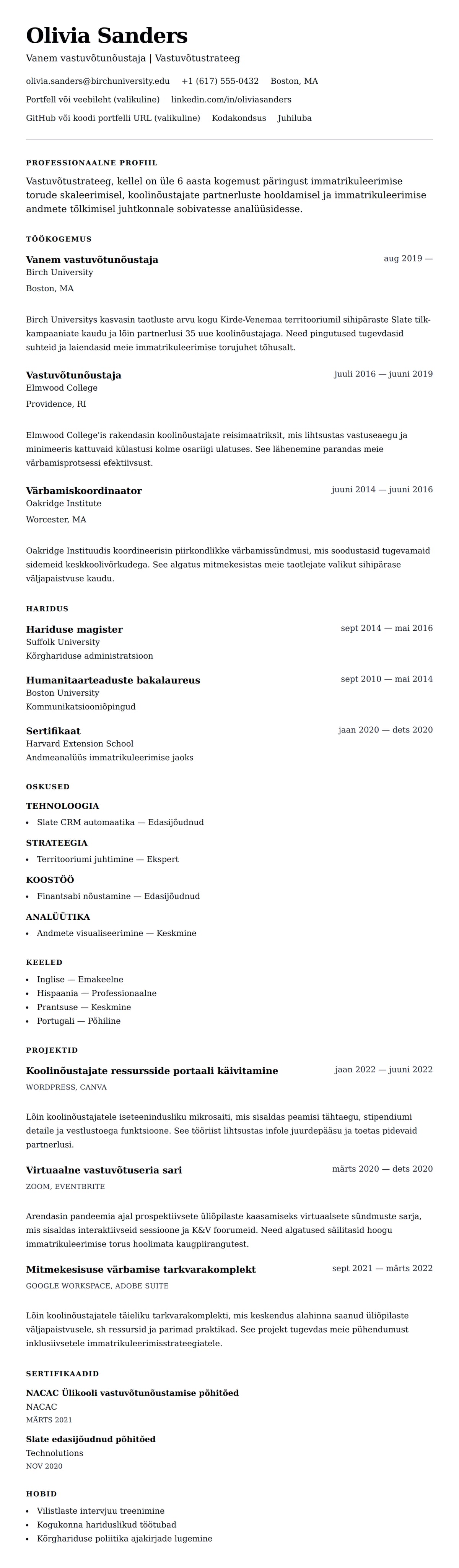 CV eelvaade Ülikooli vastuvõtunõustaja CV näidis jaoks