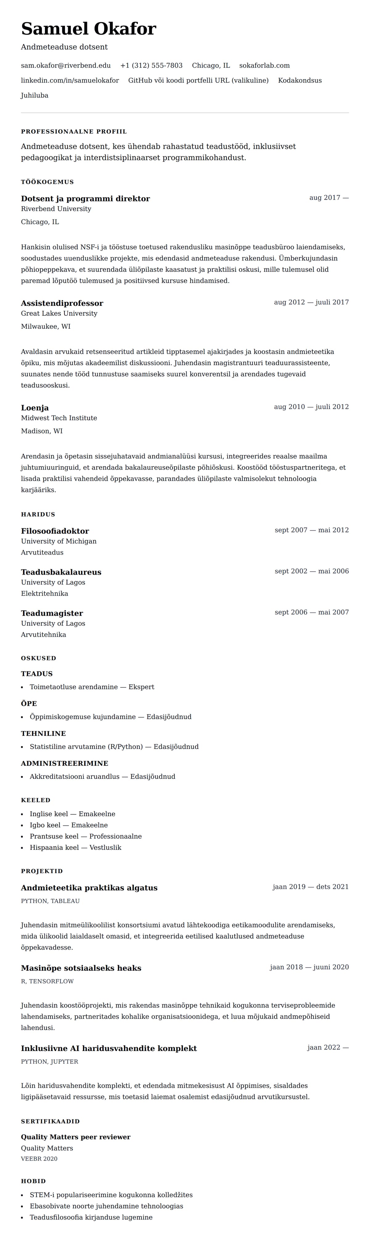 CV eelvaade Ülikooliprofessori CV näidis jaoks