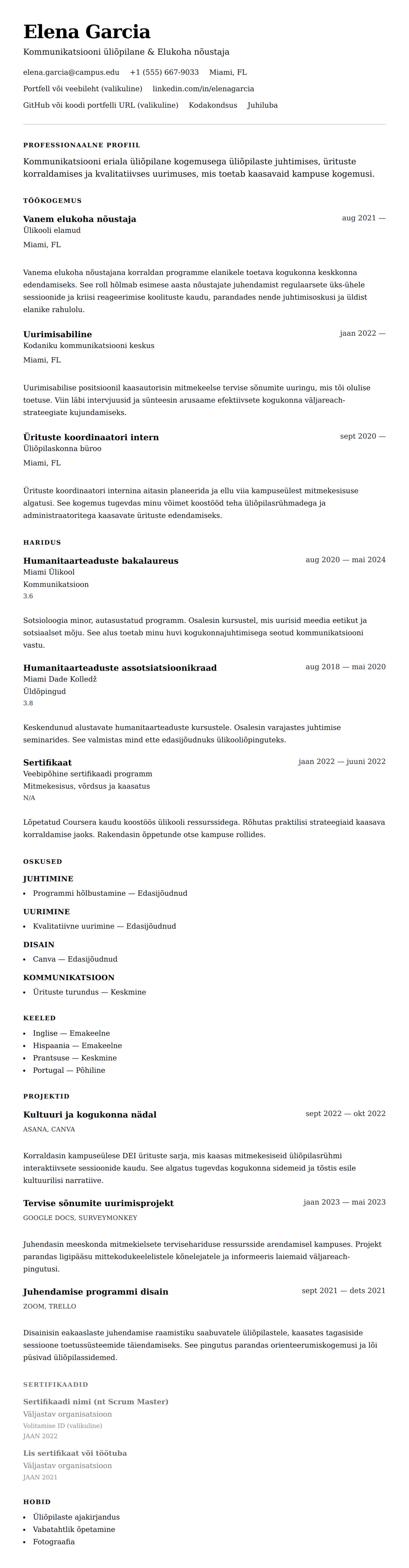 CV eelvaade Üliõpilase CV näide jaoks