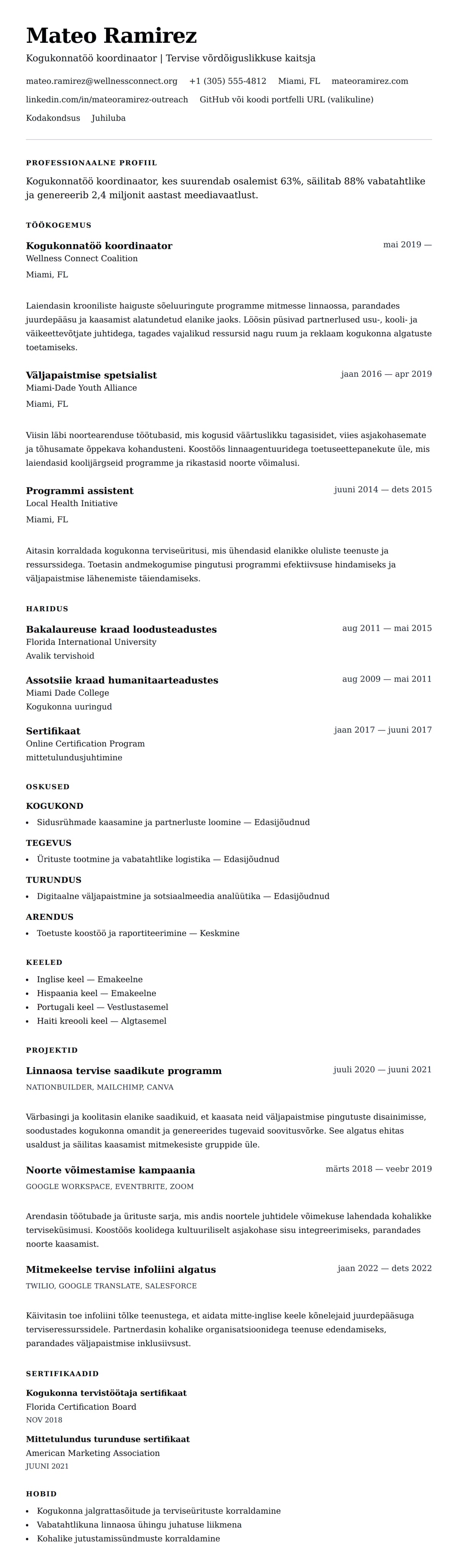 CV eelvaade Kogukonnatöö koordinaatori CV näide jaoks