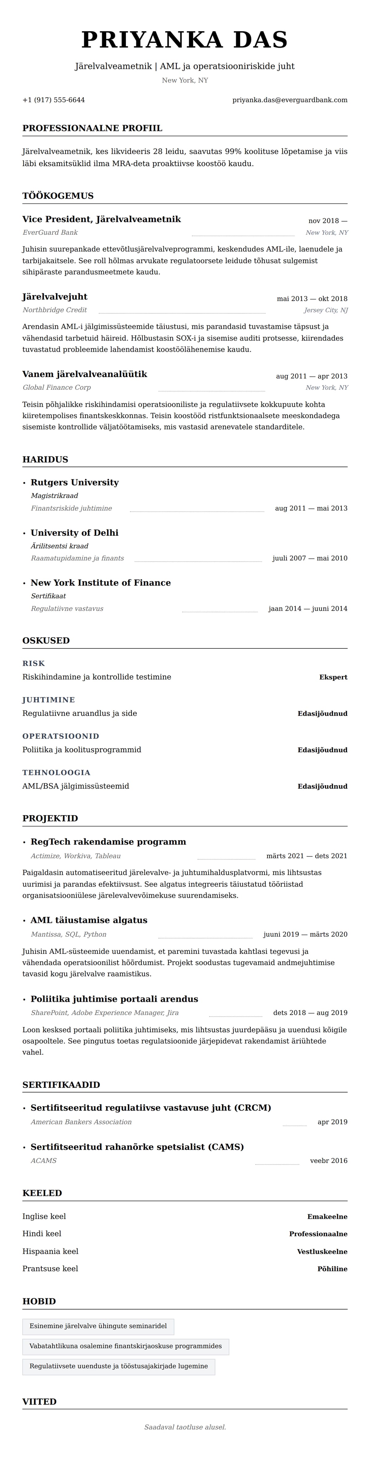 CV eelvaade Järelvalveametniku CV näidis jaoks