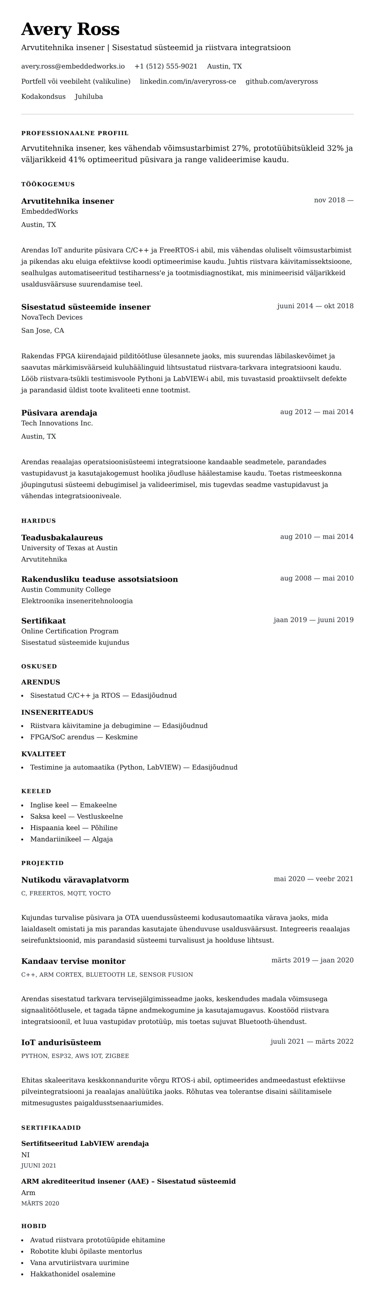 CV eelvaade Arvutitehnika inseneri CV näide jaoks