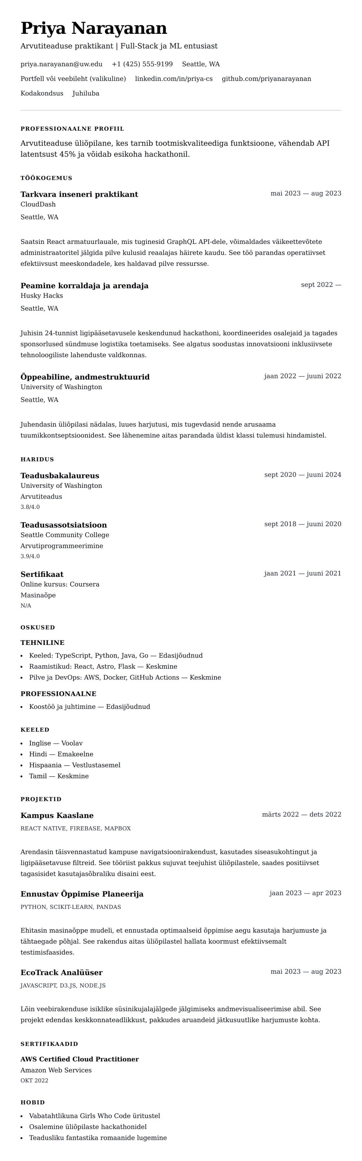 CV eelvaade Arvutiteaduse praktika CV näide jaoks