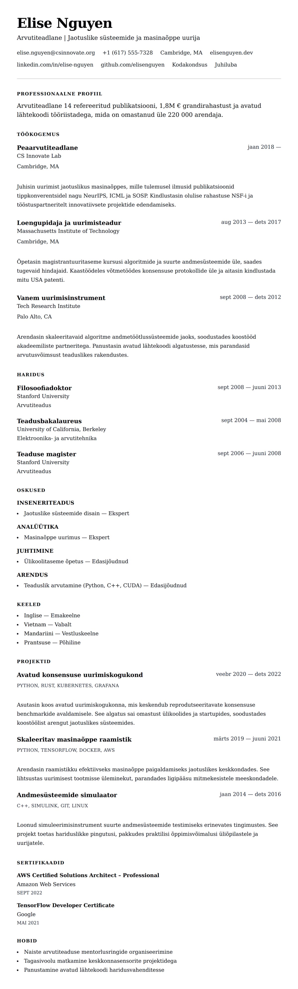 CV eelvaade Arvutiteaduse spetsialisti CV näide jaoks