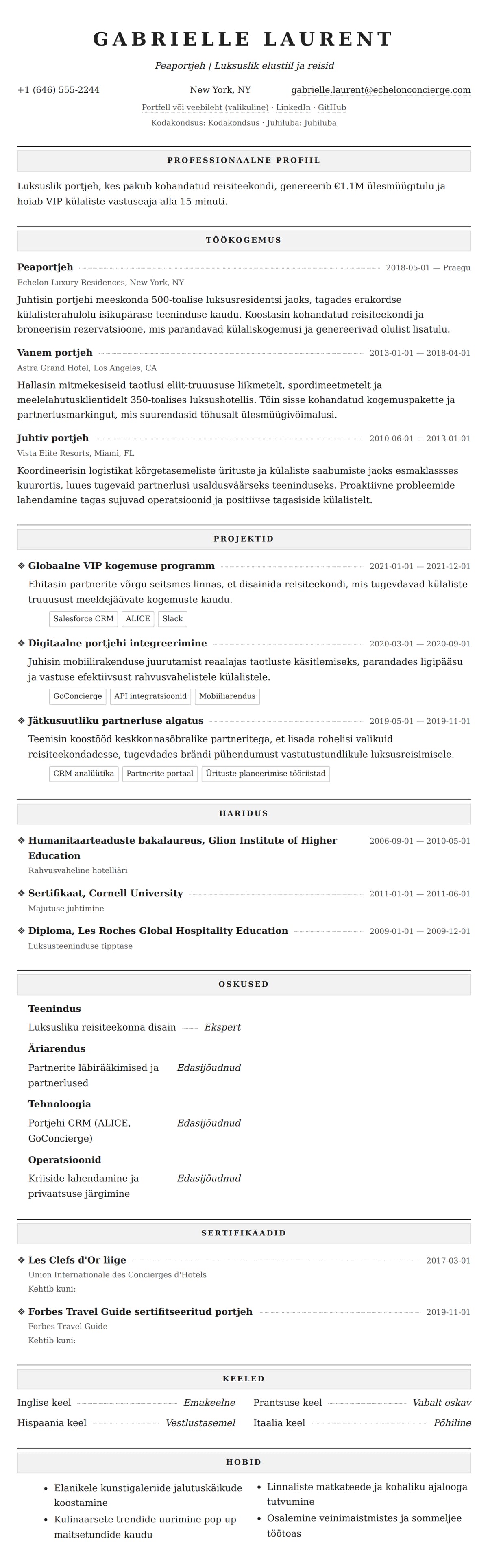 CV eelvaade Portjehi CV näide jaoks