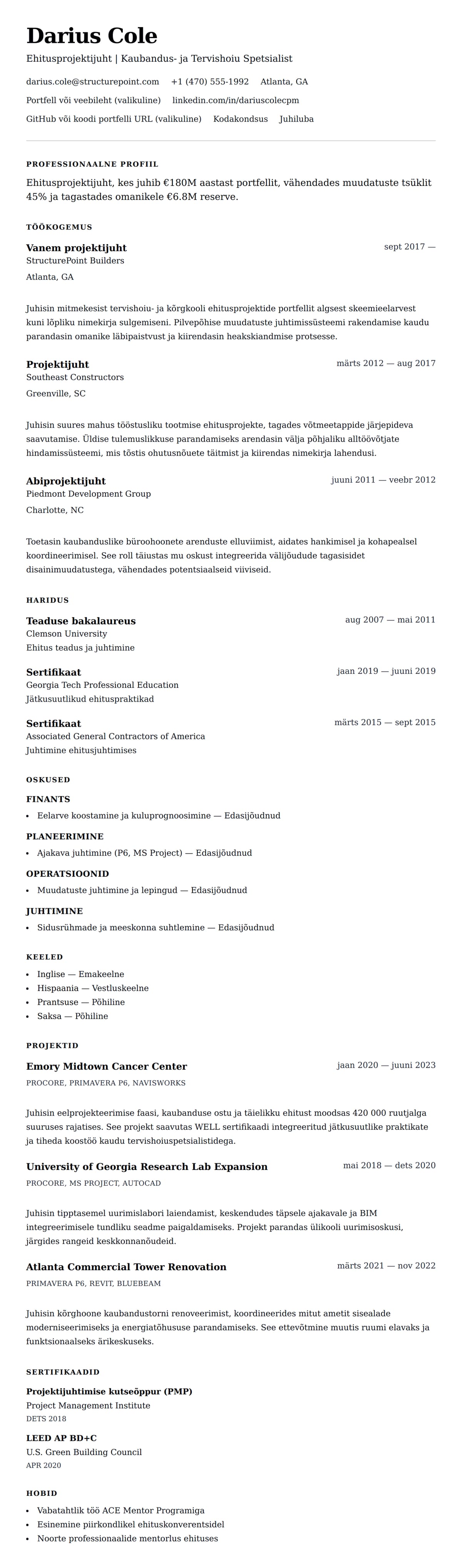 CV eelvaade Ehitusprojektijuhi CV näidis jaoks