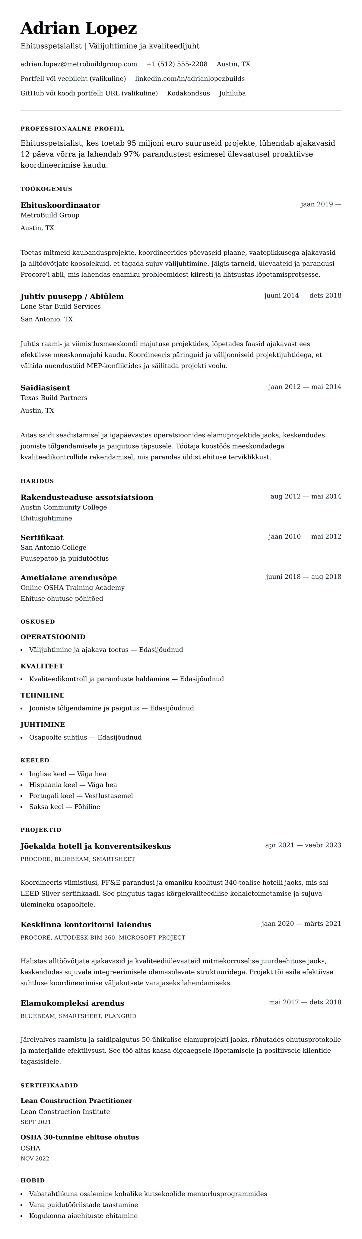 CV eelvaade Näidis elulugu ehitusspetsialistile jaoks