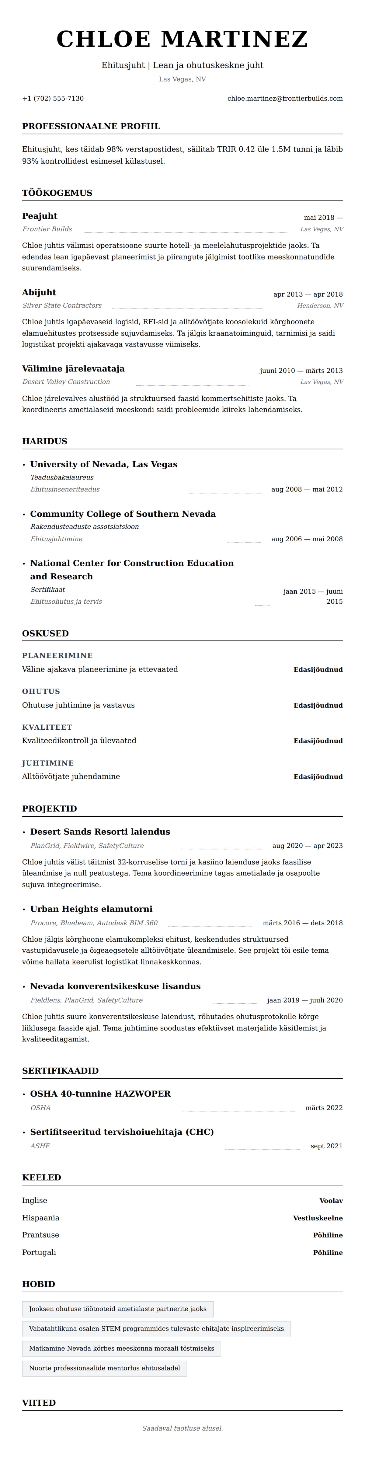CV eelvaade Ehitusjuhi CV näidis jaoks