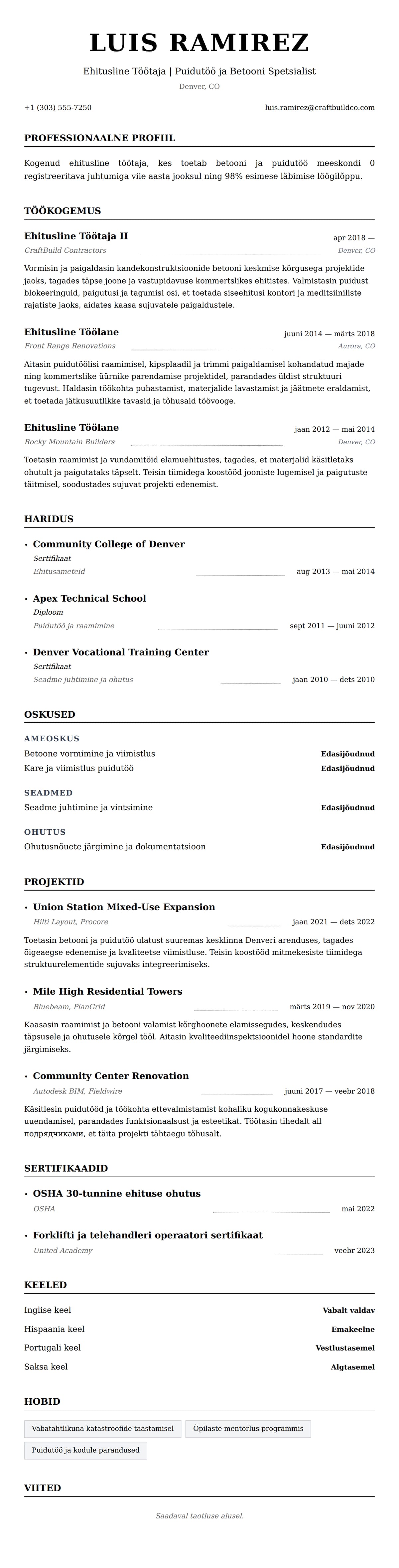 CV eelvaade Ehitusline Töötaja CV Näide jaoks