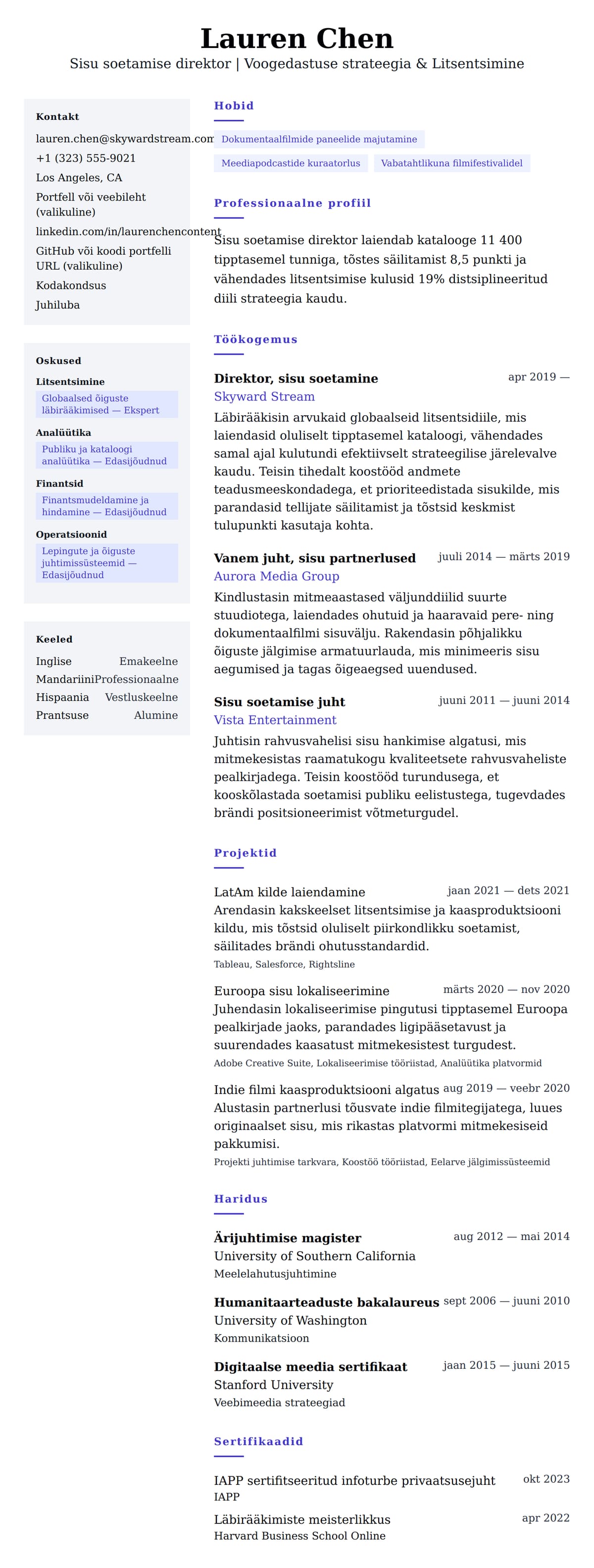 CV eelvaade Sisu soetamise direktori CV näide jaoks
