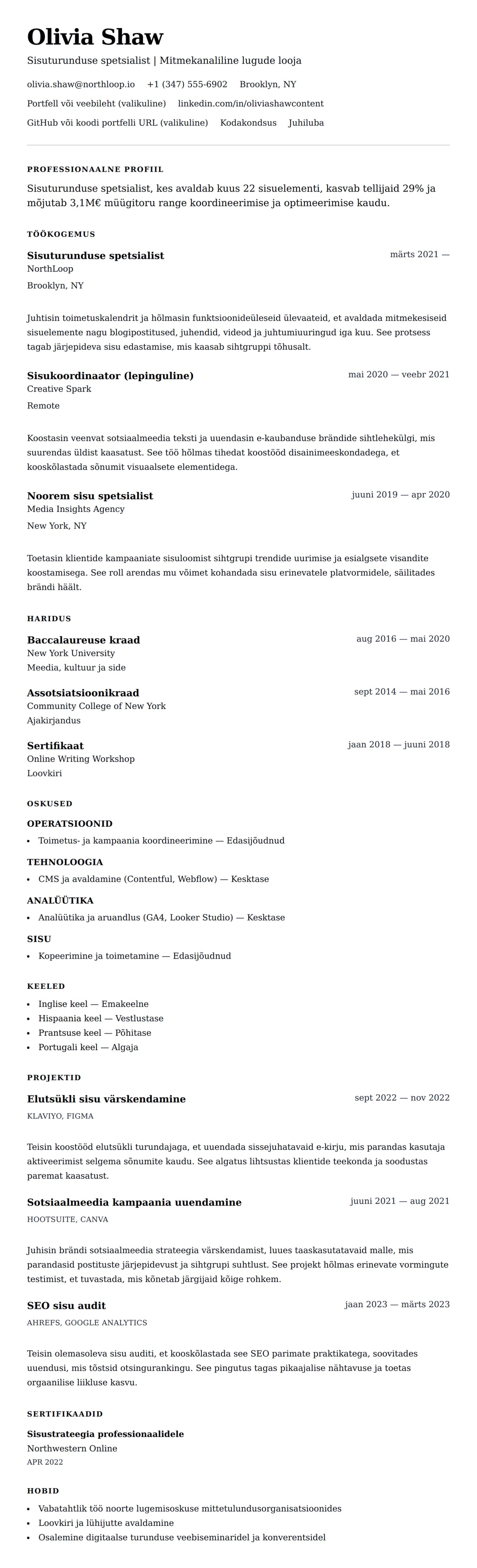 CV eelvaade Sisuturunduse spetsialisti CV näide jaoks