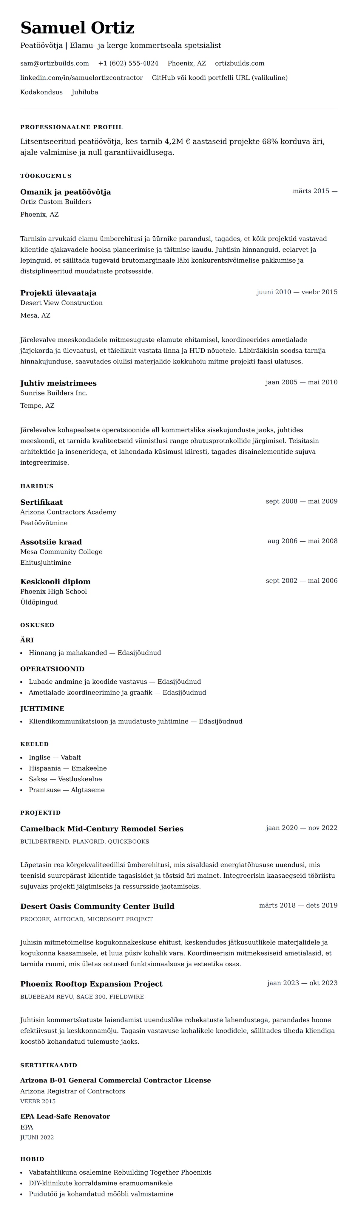 CV eelvaade Peatöövõtja CV näidis jaoks