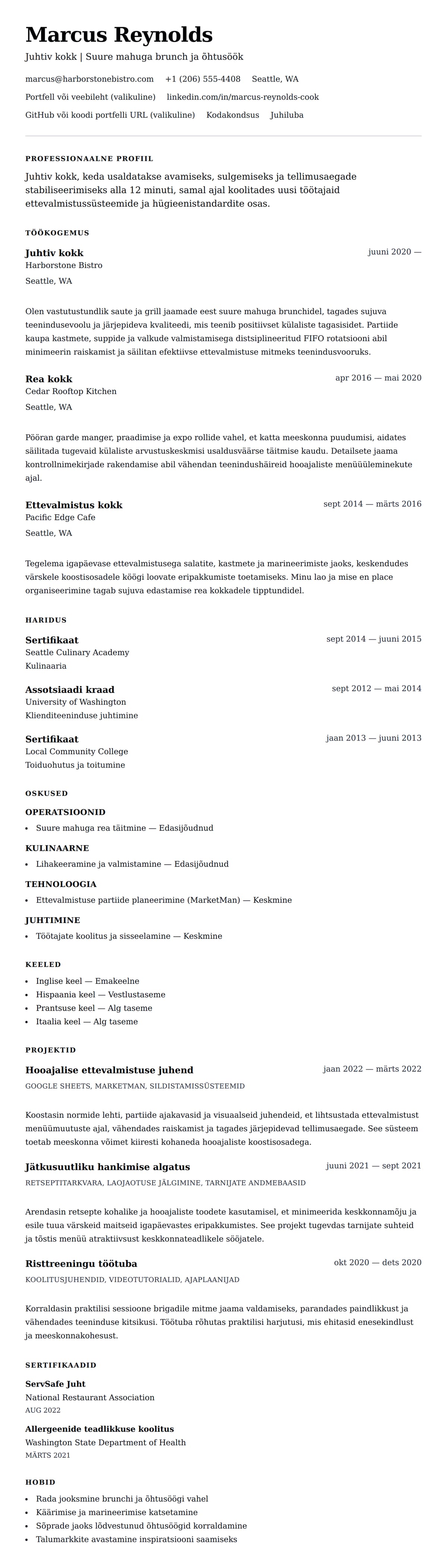 CV eelvaade Kokaa CV näide jaoks