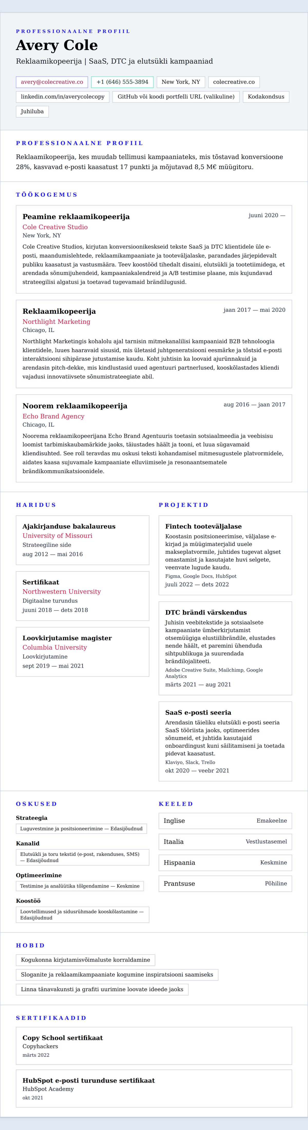 CV eelvaade Reklaamikopeerija CV näide jaoks