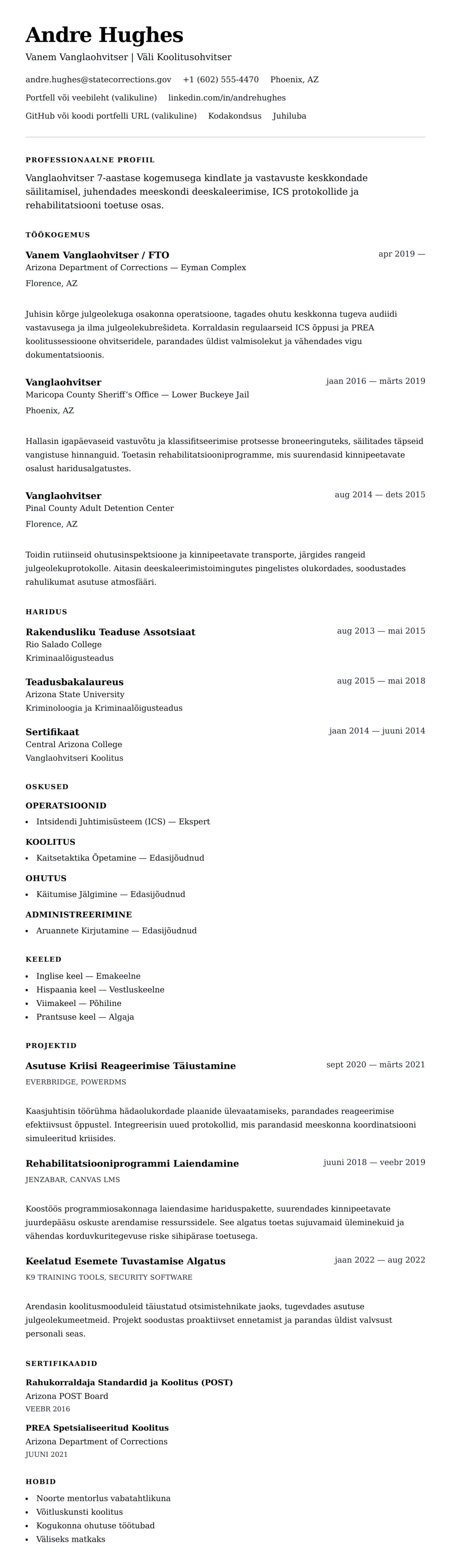 CV eelvaade Vanglaohvitseri CV näide jaoks