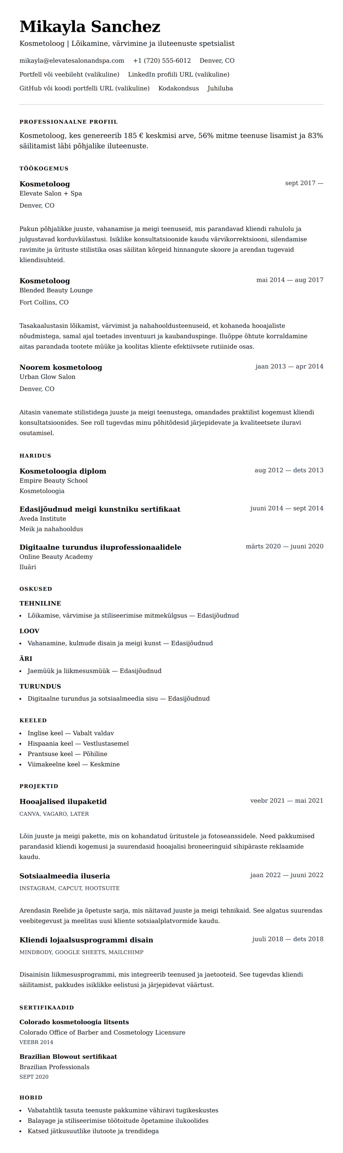CV eelvaade Kosmetoloogi CV näidis jaoks