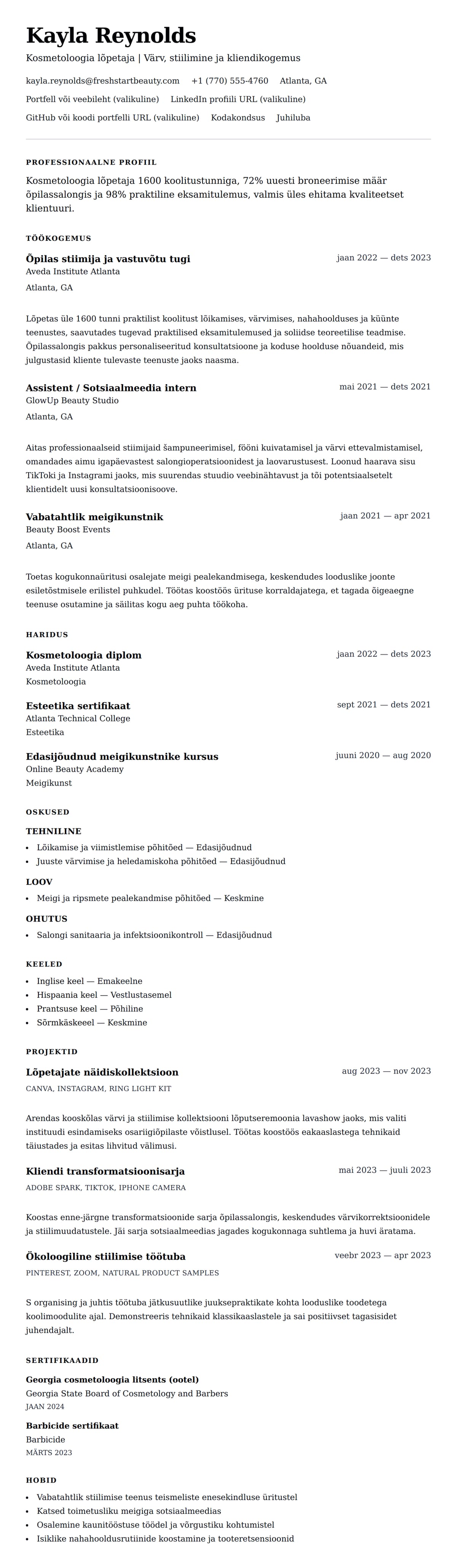 CV eelvaade Kosmetoloogia lõpetaja CV näide jaoks
