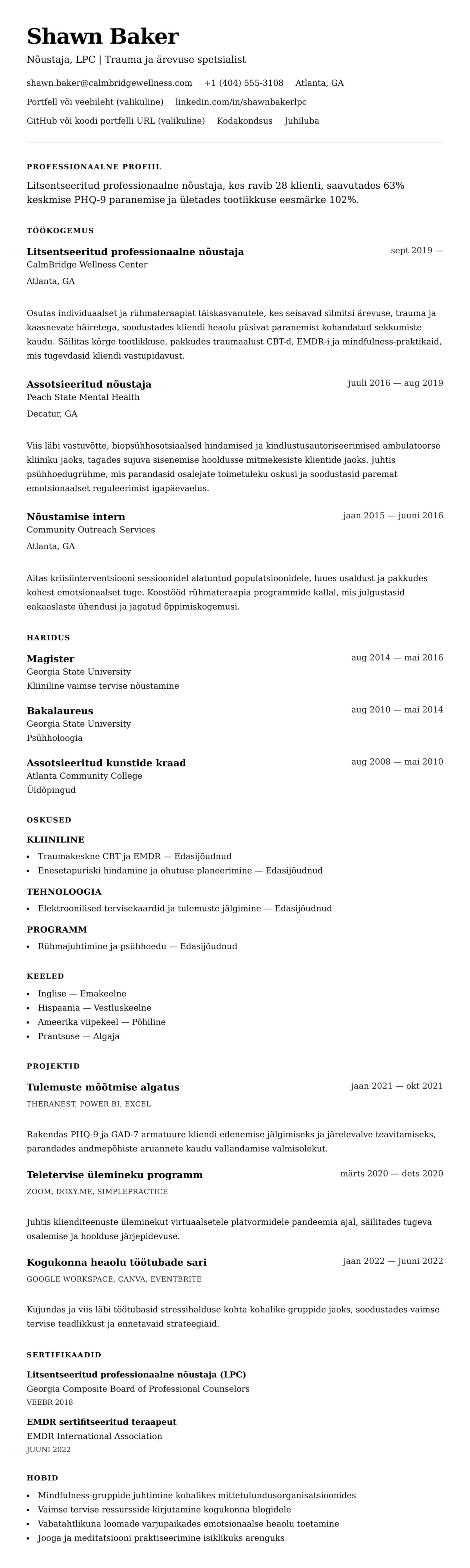 CV eelvaade Nõustaja CV Näide jaoks