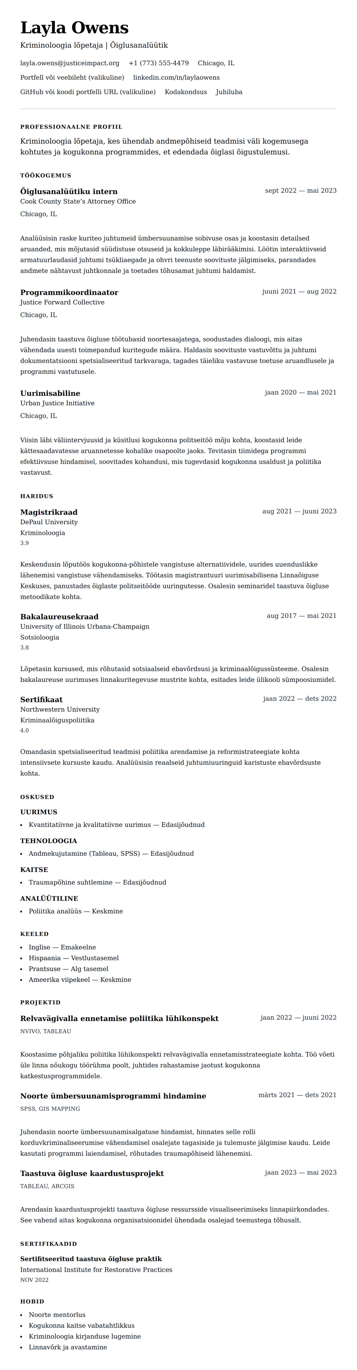 CV eelvaade Kriminoloogia lõpetaja CV näide jaoks