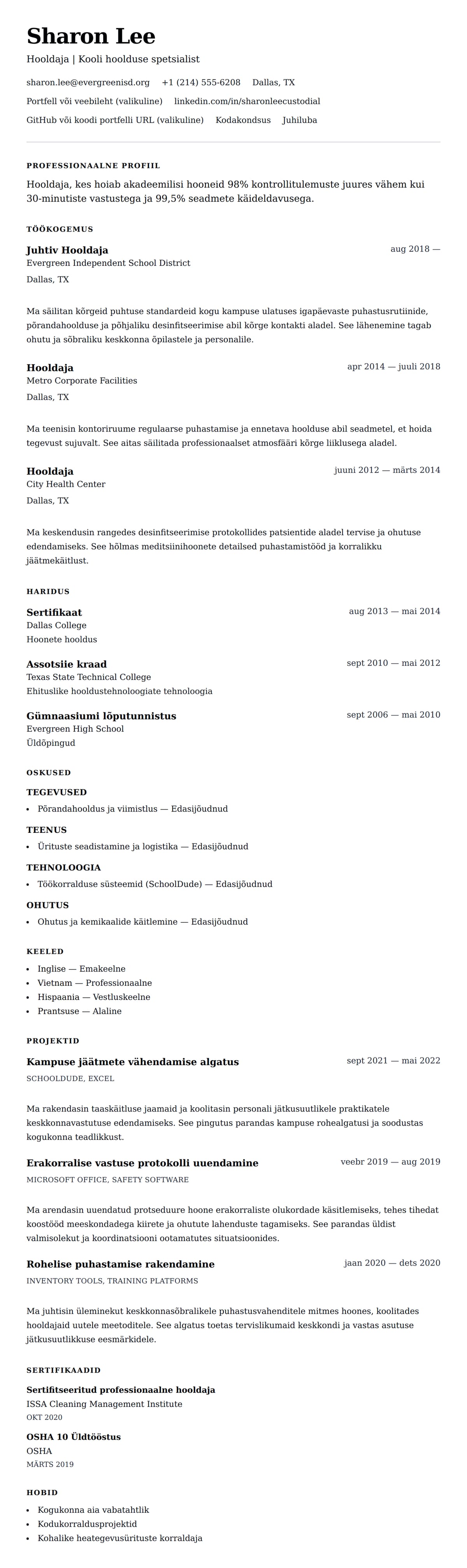 CV eelvaade Hooldaja CV Näidis jaoks
