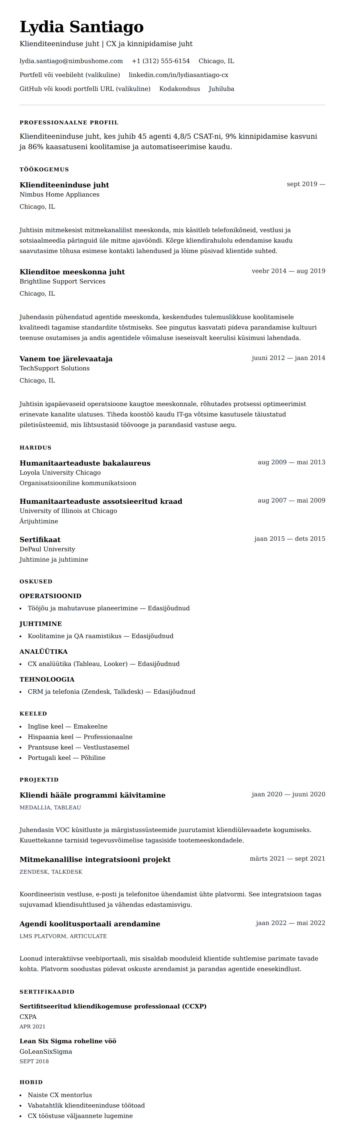 CV eelvaade Klienditeeninduse juhi CV näide jaoks