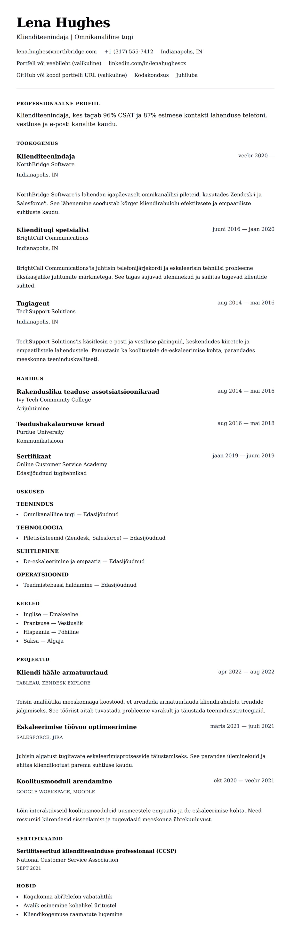 CV eelvaade Klienditeenindaja CV näidis jaoks