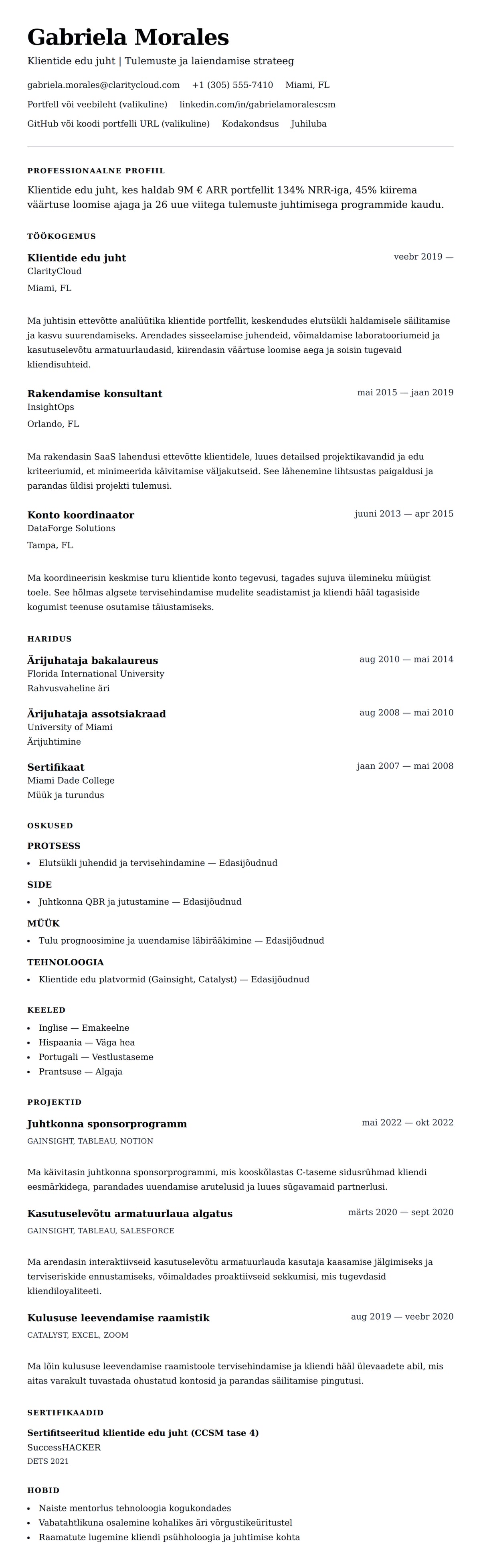 CV eelvaade Klientide edu juhi CV näidis jaoks