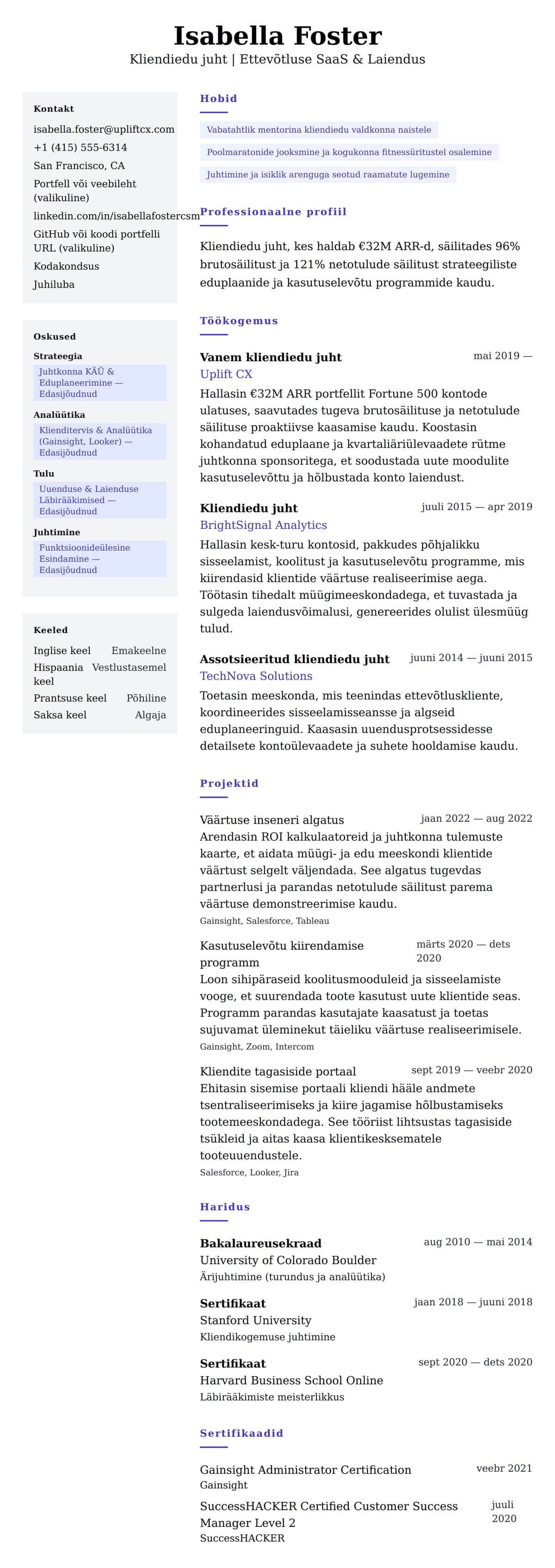 CV eelvaade Kliendiedu juhi CV näidis jaoks