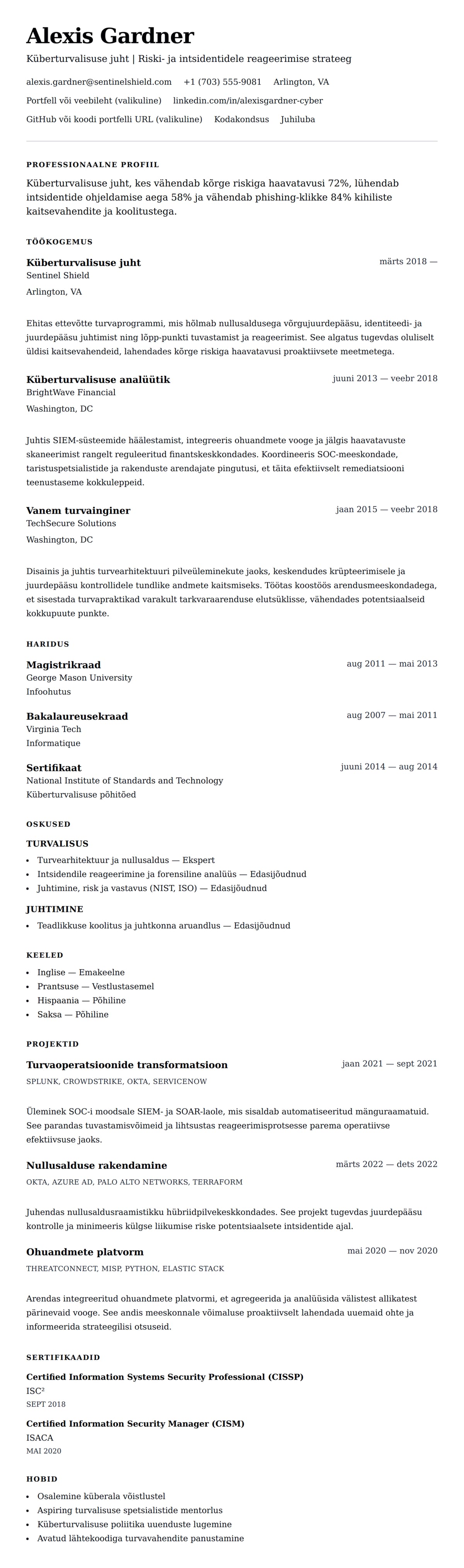CV eelvaade Küberturvalisuse spetsialisti CV näidis jaoks