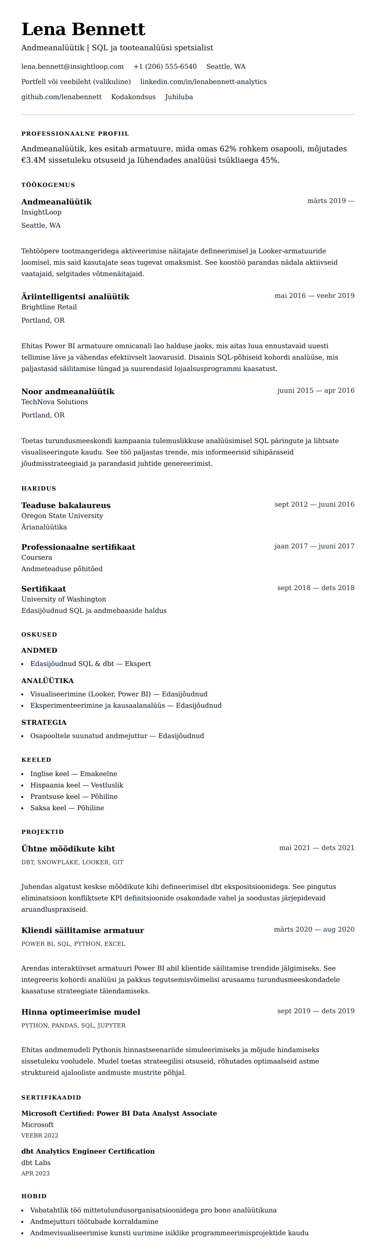 CV eelvaade Andmeanalüütiku CV näidis jaoks