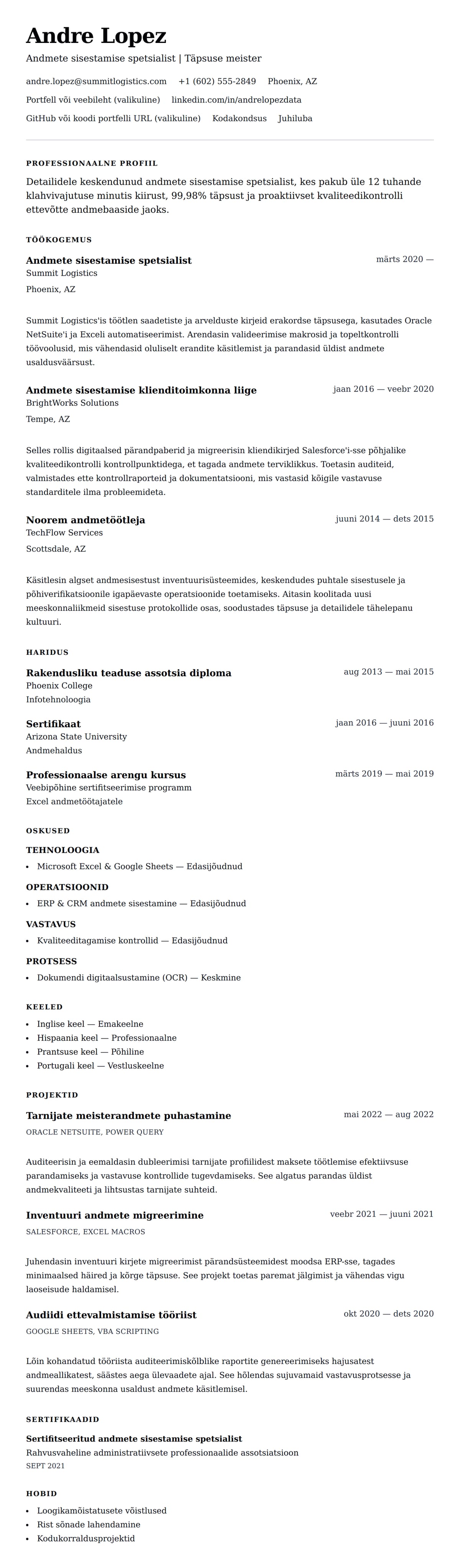 CV eelvaade Andmete sisestamise spetsialisti CV näidis jaoks