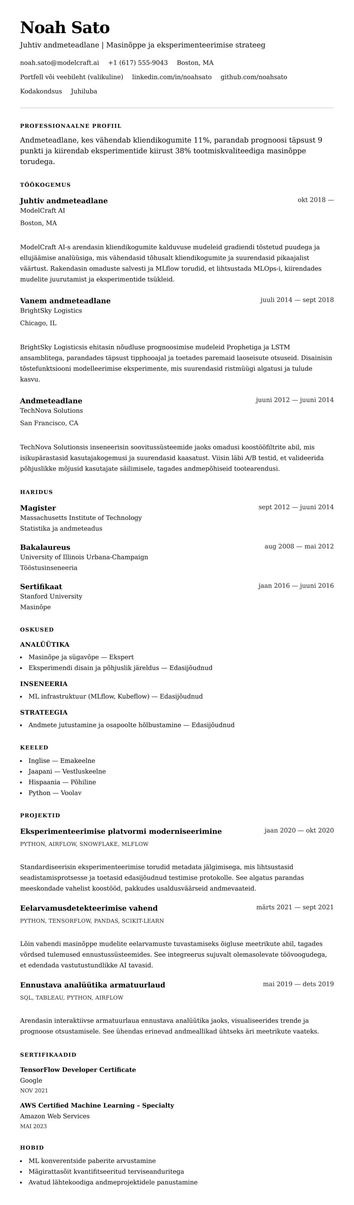 CV eelvaade Andmeteadlase CV näide jaoks