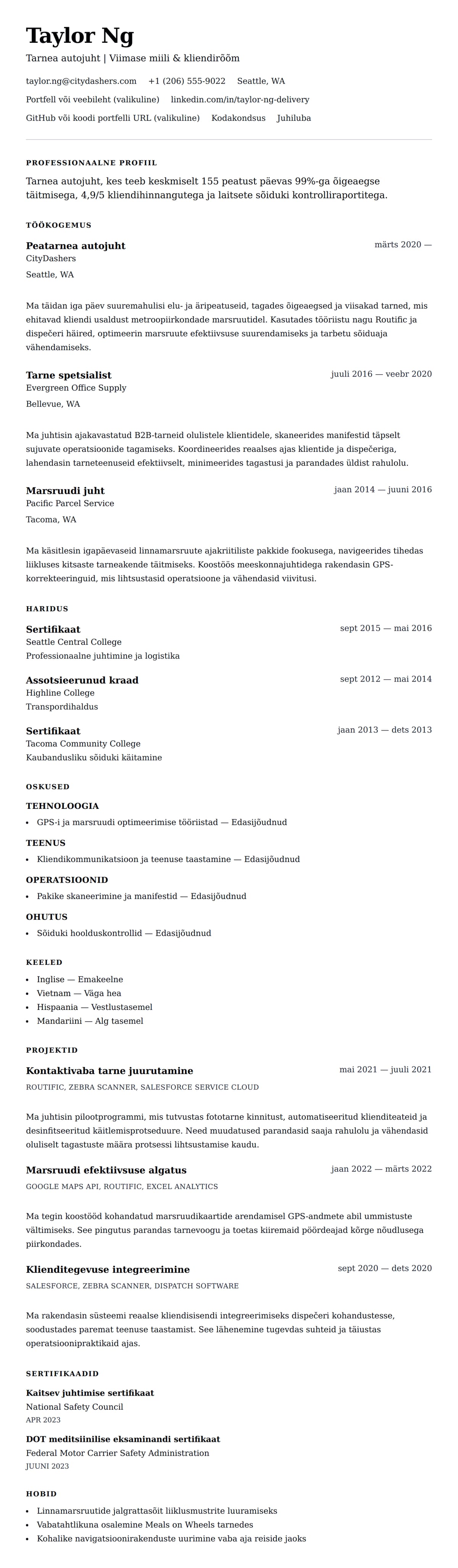 CV eelvaade Tarnea autojuhi CV näidis jaoks