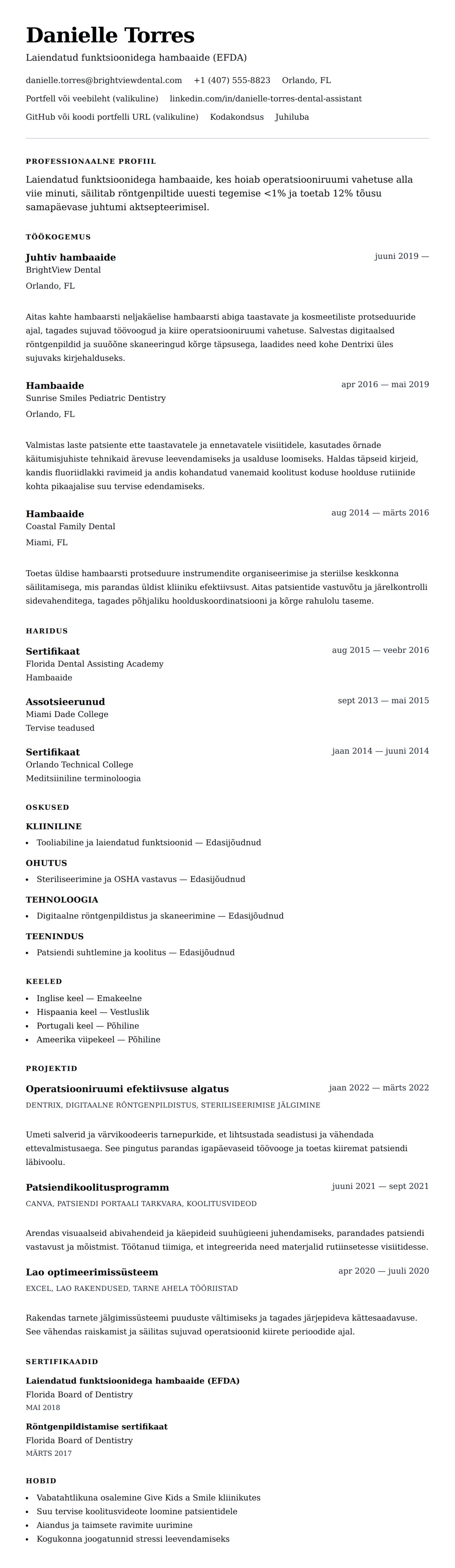 CV eelvaade Hambaaide CV näide jaoks