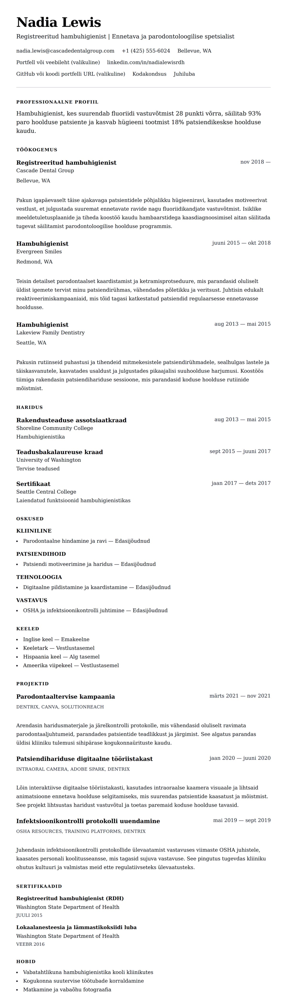 CV eelvaade Hambuhigienisti CV näidis jaoks