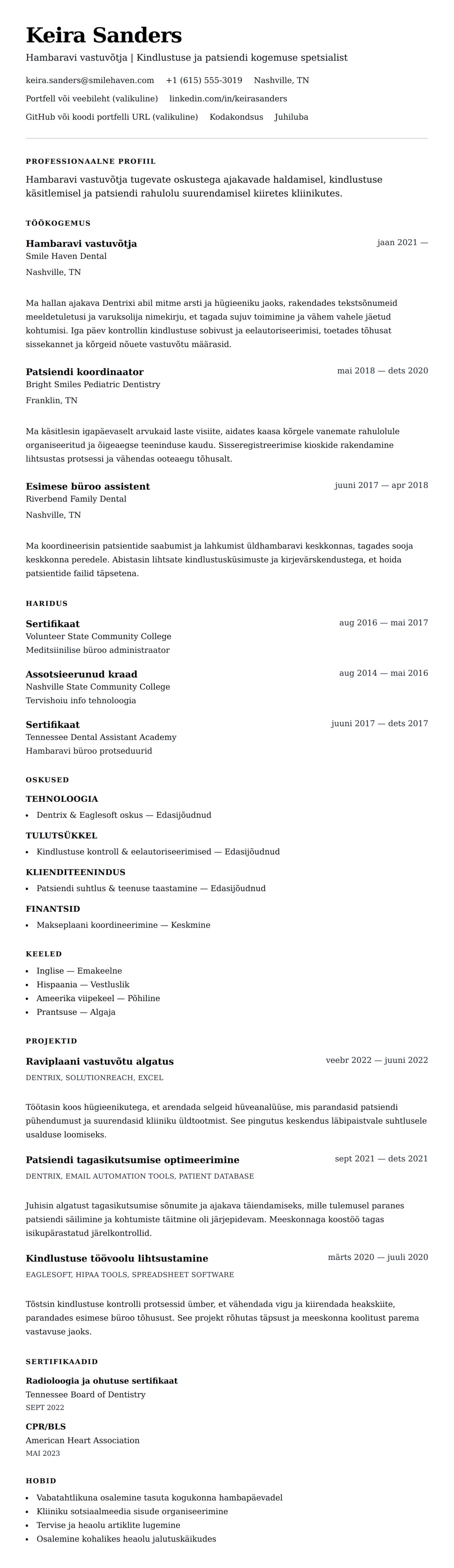 CV eelvaade Hambaravi vastuvõtja CV näidis jaoks