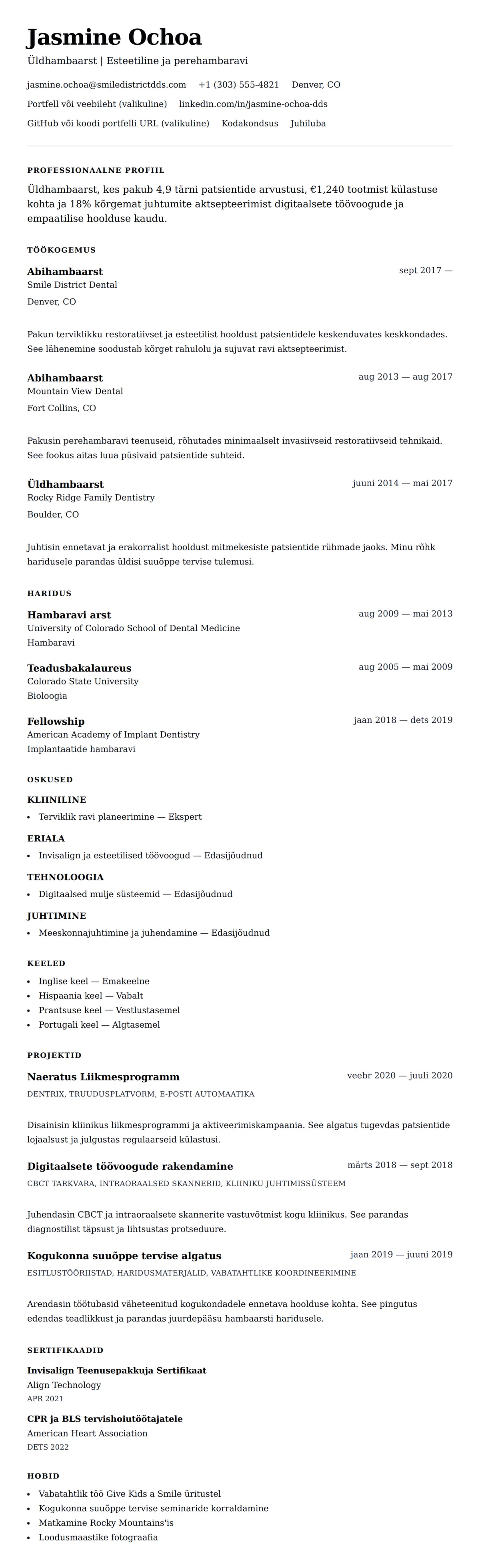 CV eelvaade Hambaarsti CV näide jaoks
