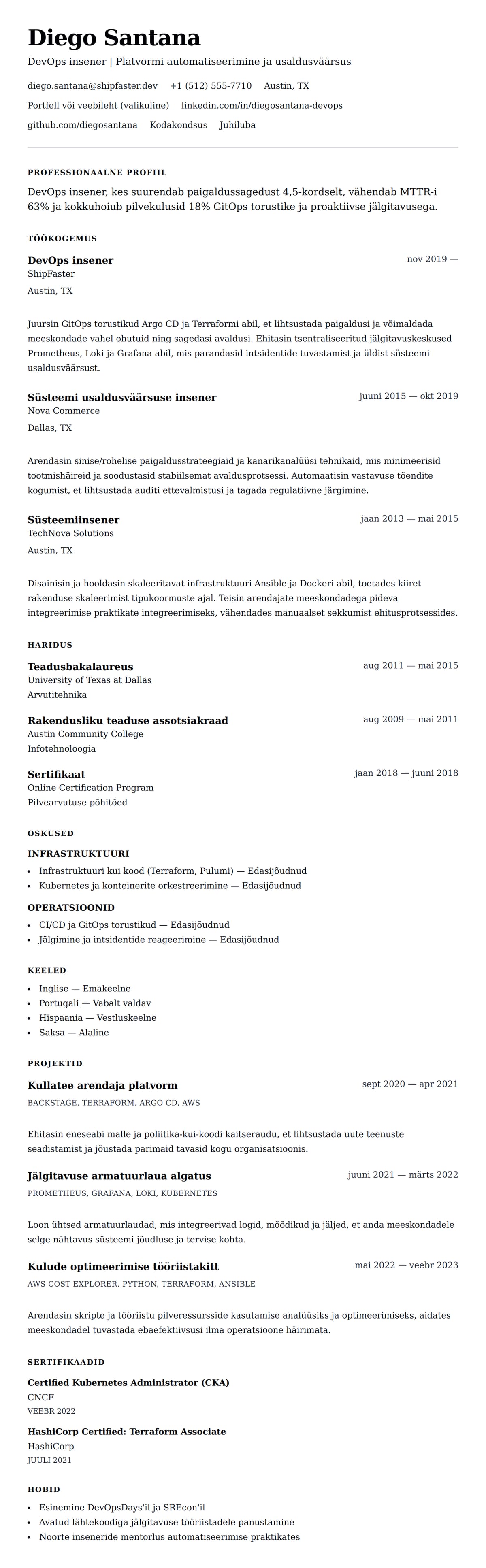 CV eelvaade DevOps inseneri CV näide jaoks