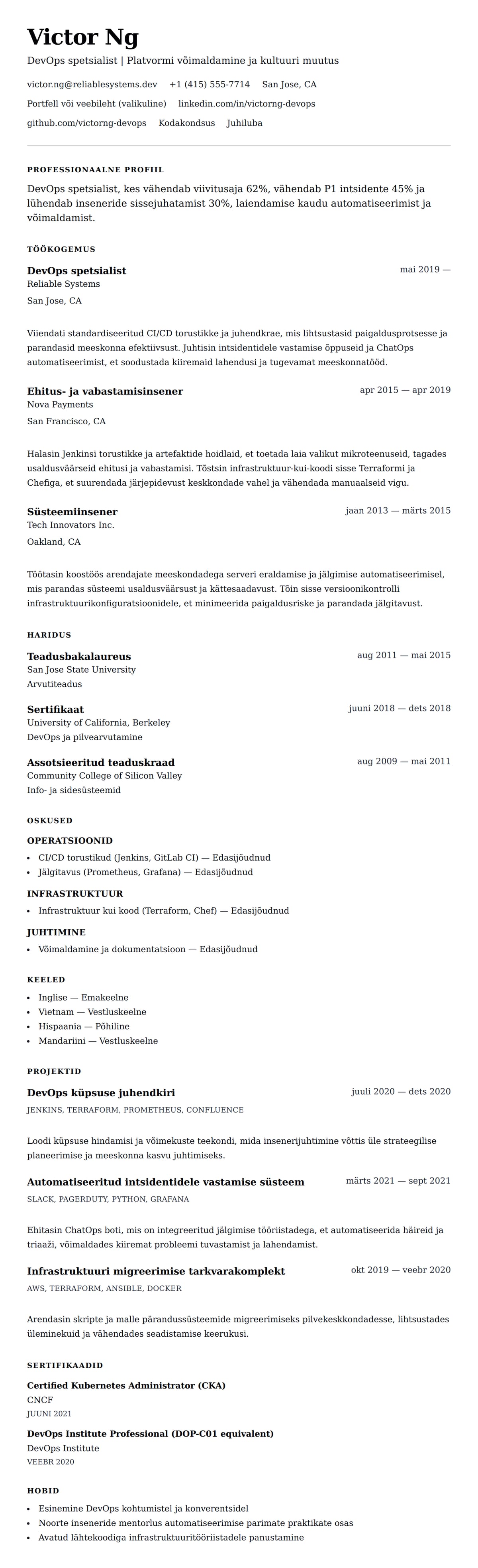 CV eelvaade DevOps spetsialisti CV näide jaoks