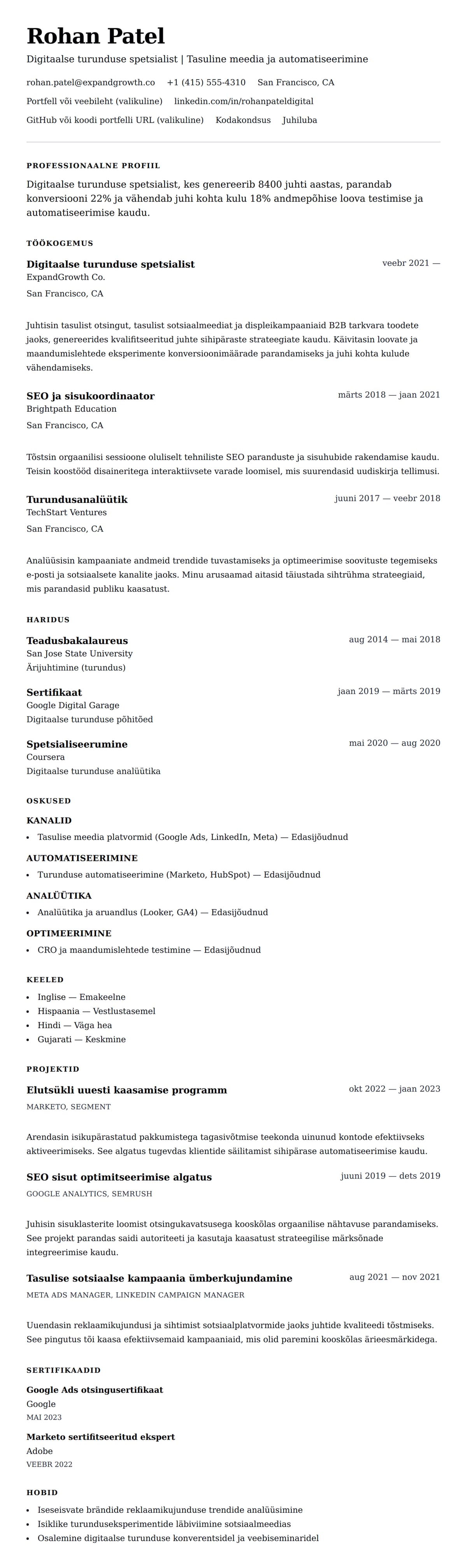 CV eelvaade Digitaalse turunduse spetsialisti CV näidis jaoks