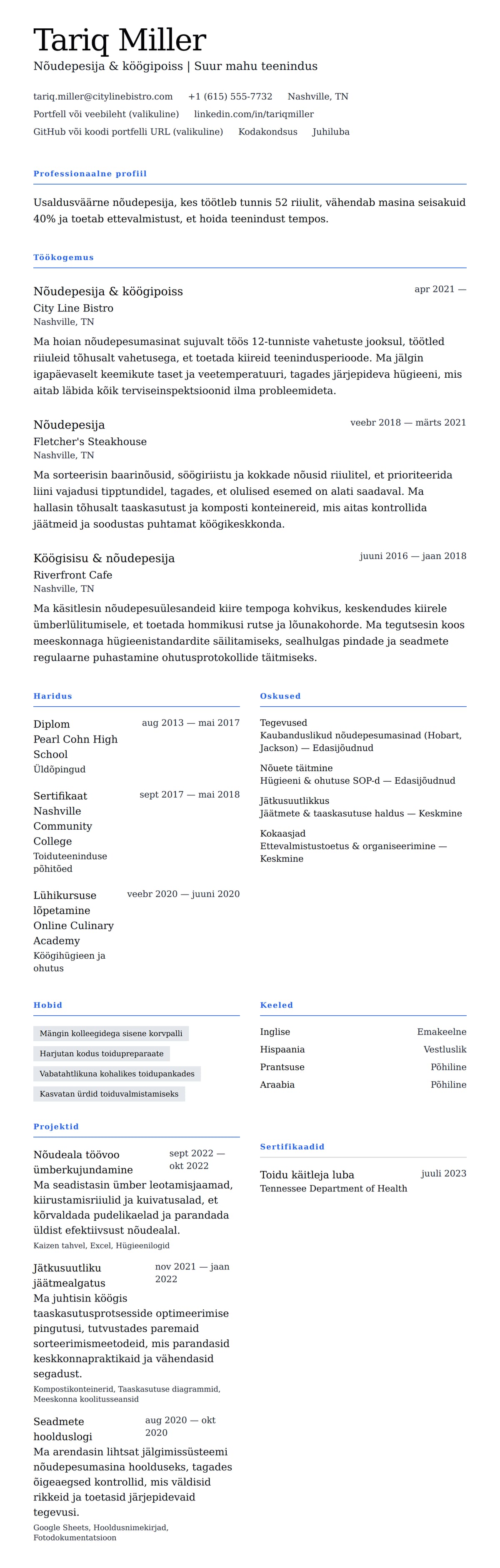 CV eelvaade Nõudepesija CV näidis jaoks