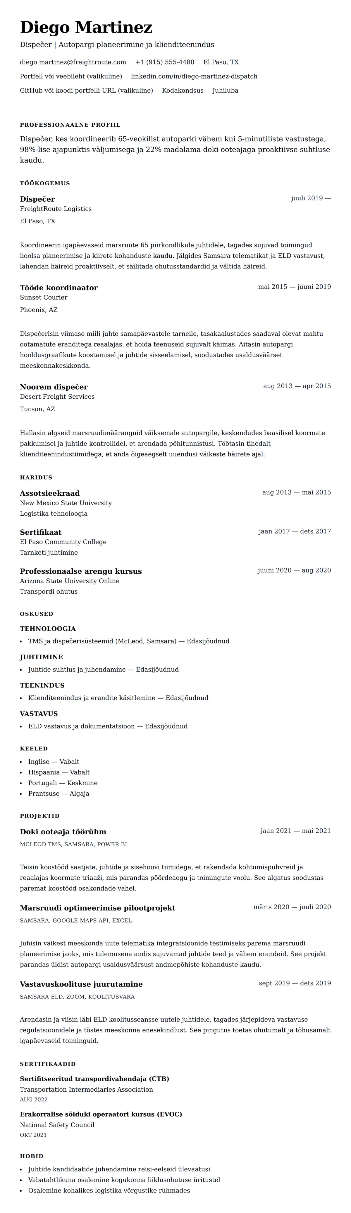 CV eelvaade Dispečeri CV näide jaoks