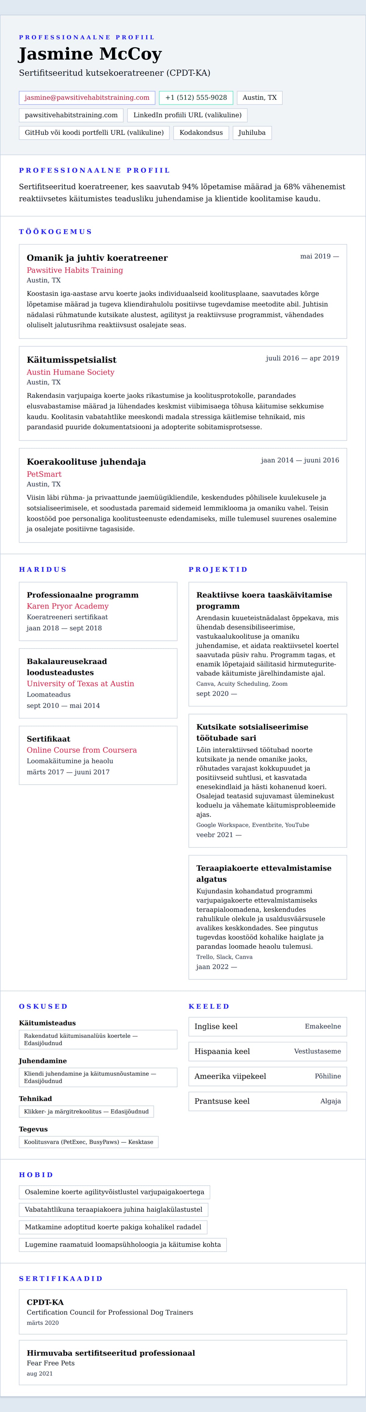 CV eelvaade Koeratreeneri CV näide jaoks