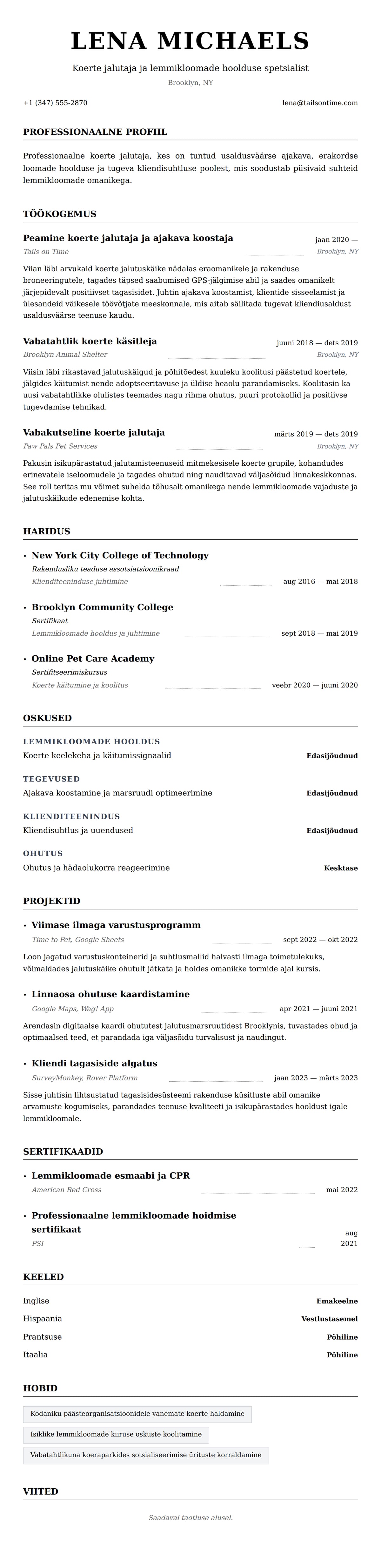 CV eelvaade Koerte jalutaja CV näide jaoks