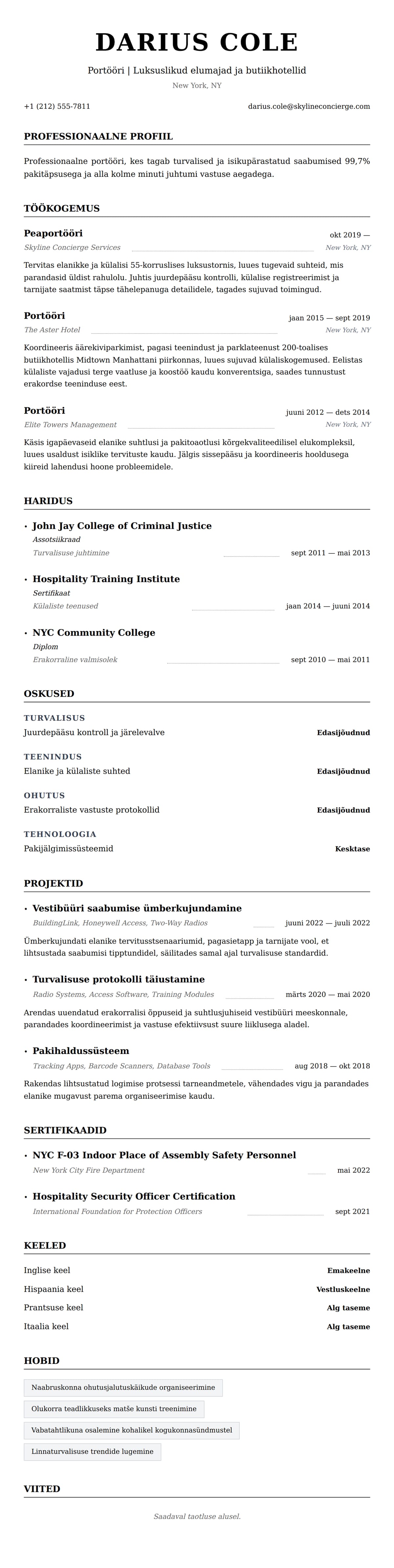 CV eelvaade Portööri CV näide jaoks