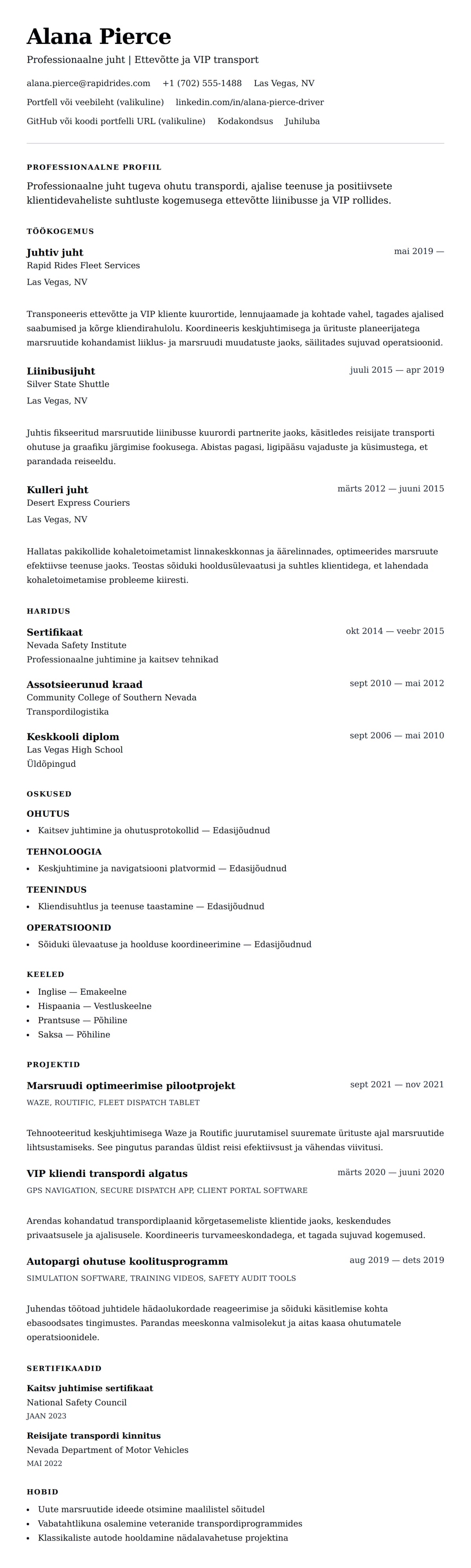CV eelvaade Sõidukijuhi CV näidis jaoks