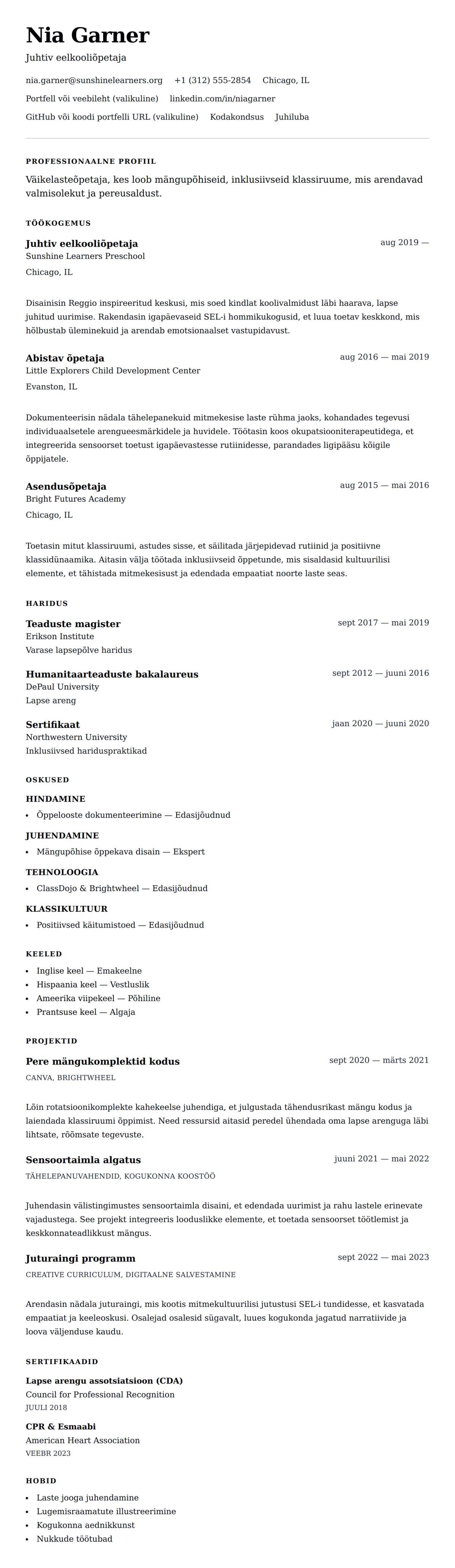 CV eelvaade Väikelasteõpetaja CV näide jaoks