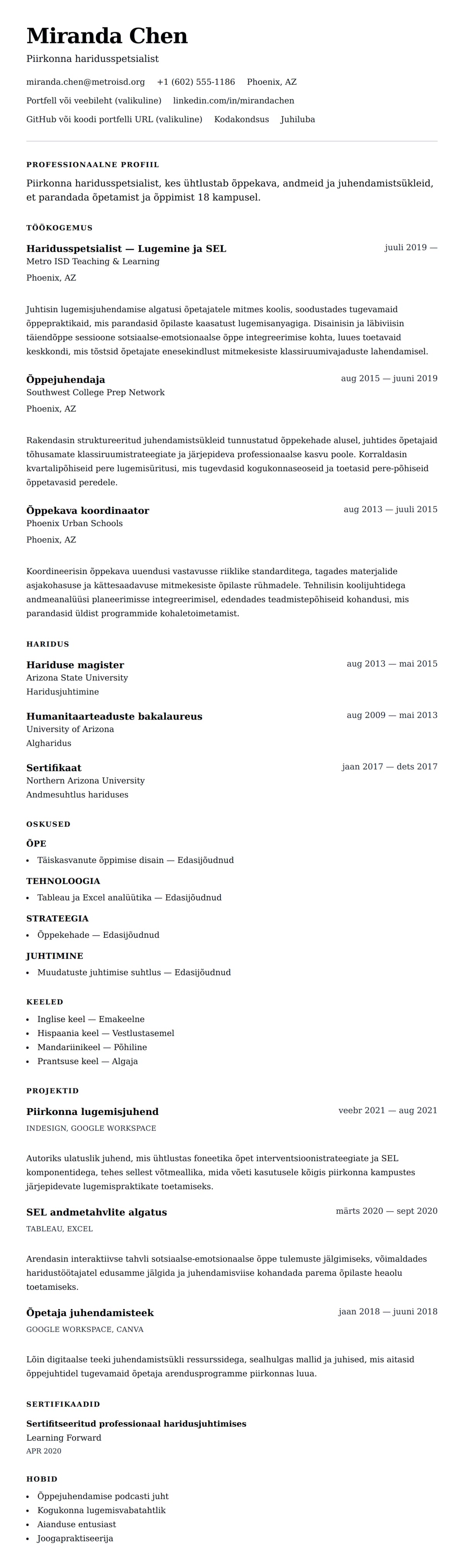 CV eelvaade Haridusspetsialisti CV näide jaoks